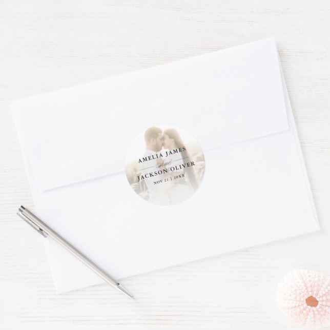 Simple 2 Photo Overlay Calligraphy Wedding  Classic Round Sticker (Envelope)