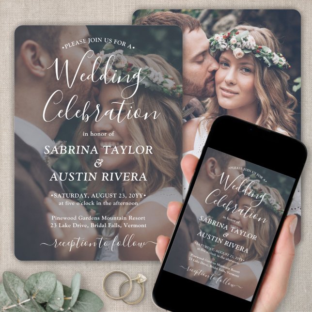 Simple 2 Photo White Script Wedding Celebration Invitation (Creator Uploaded)