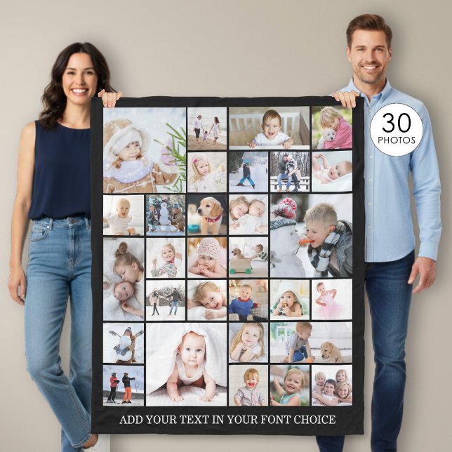 Simple 30 Photo Collage Custom Colour and Text Fleece Blanket (Creator Uploaded)