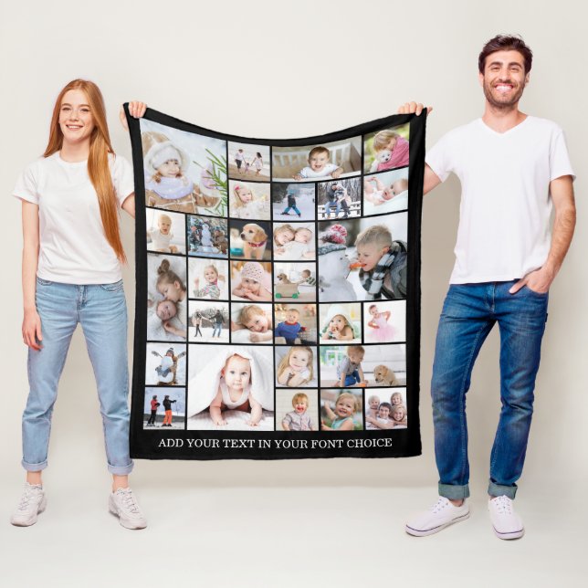 Simple 30 Photo Collage Custom Colour and Text Fleece Blanket (In Situ)