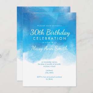 Simple 30th Birthday Party Blue Watercolor Invitation