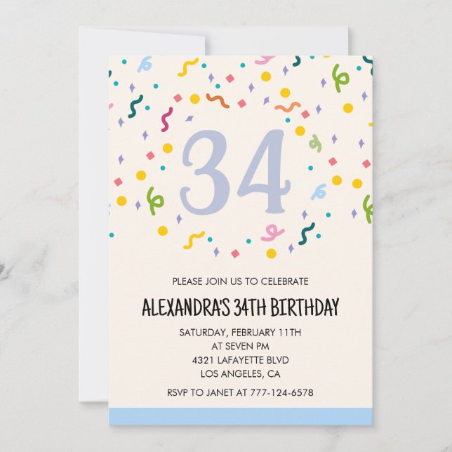 Simple 34th birthday invitations Confetti Modern (Front)