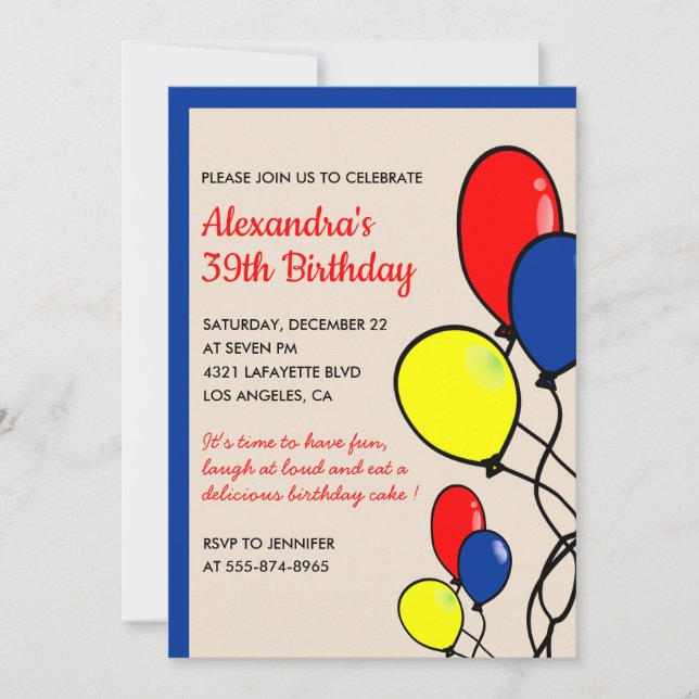 Simple 39th birthday invitations Balloons (Front)