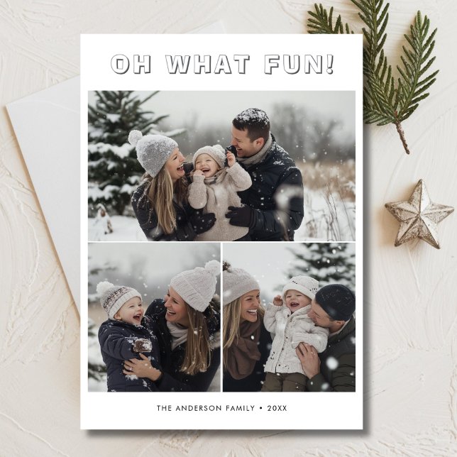 Simple 3 Family Photo Christmas Oh What Fun Holiday Card (Creator Uploaded)