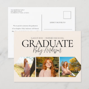 Simple 3 Photo Beige Graduation Announcement Postcard