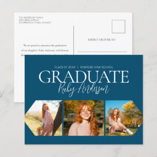 Simple 3 Photo Blue Graduation Announcement Postcard