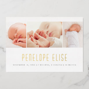 Simple 3 Photo Collage Baby Birth Annoucement Gold