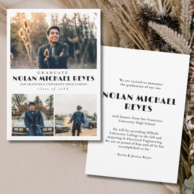 Simple 3 Photo Collage Classic Graduation Announcement (Simple Graduation Photo Collage Graduation Announcement )