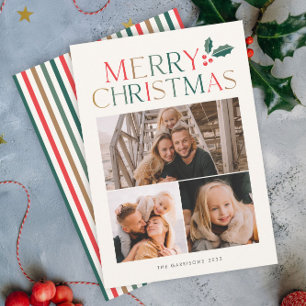 Simple 3 Photo Collage Colourful Merry Christmas Holiday Card