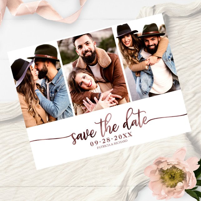 Simple 3 Photo Collage Wedding Save The Date Postcard (Creator Uploaded)