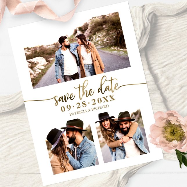Simple 3 Photo Collage Wedding Save The Date Postcard (Creator Uploaded)