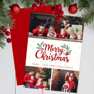 Simple 3 Photo Holly Merry Christmas Card 