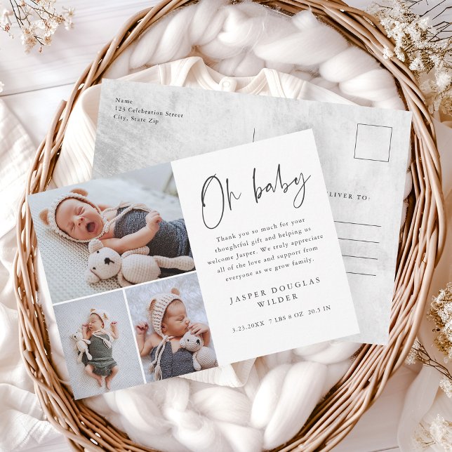 Simple 3 Photo Oh Baby Thank You Postcard (Simple 3 photo oh baby announcement thank you postcards.)