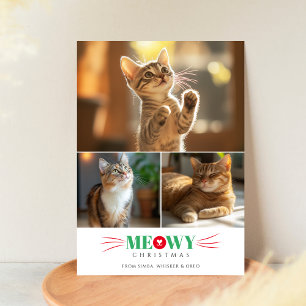 Simple 3 Photo Red Green Meowy Christmas Cute Cat Holiday Card