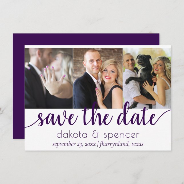 Simple 3-Photo | Royal Purple Flourish Script Save The Date (Front/Back)