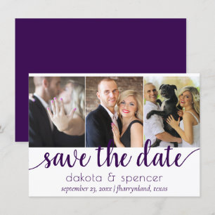Simple 3-Photo Royal Purple Flourish Script Save The Date