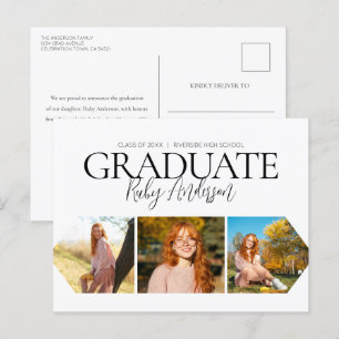 Simple 3 Photo White Graduation Announcement Postcard