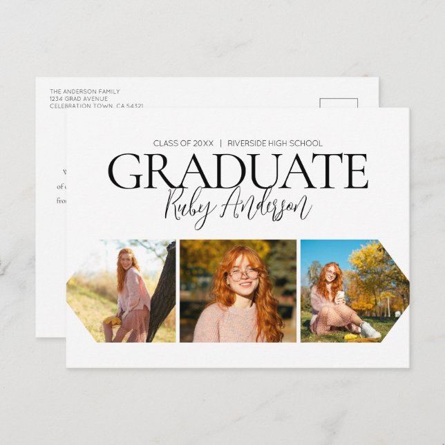 Simple 3 Photo White Graduation Announcement Postcard (Front/Back)