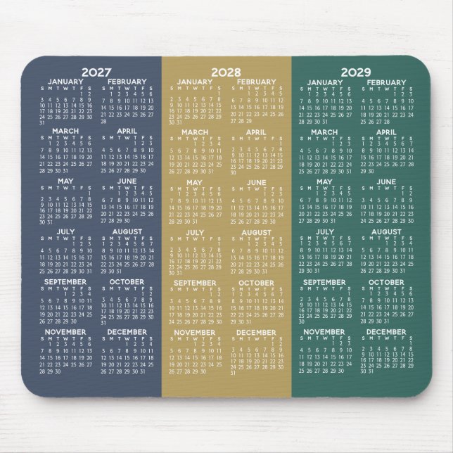 Simple 3 Year 2027 2028 2029 Calendar Colours Mouse Pad (Front)