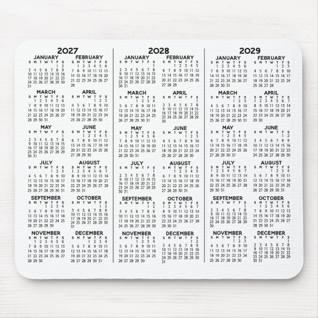 Simple 3 Year 2027 2028 2029 Calendar Minimal Mouse Pad (Front)