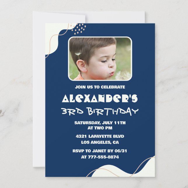 Simple 3rd birthday invitations Boy Photo Navy (Front)