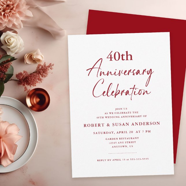 Simple 40th Wedding Anniversary Ruby Red  Invitation (Creator Uploaded)