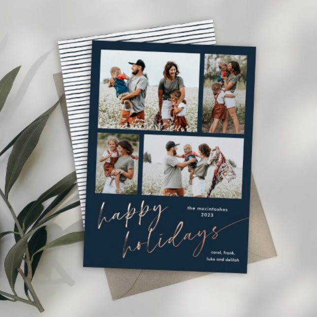 Simple 4 Photo Collage Script Happy Holidays (A modern simple script 4 photo collage rose gold foil holiday card with handwritten happy holidays.)