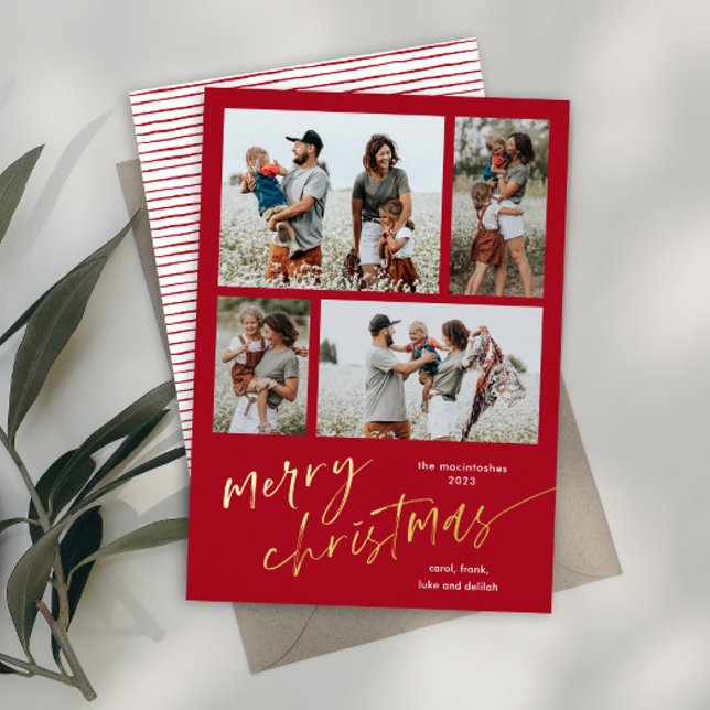Simple 4 Photo Collage Script Merry Christmas  (Modern simple script merrry christmas 4 photo collage gold foil holiday card.)