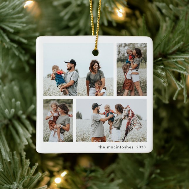 Simple 4 Photo Collage Script Merry Christmas Ceramic Ornament (Tree)