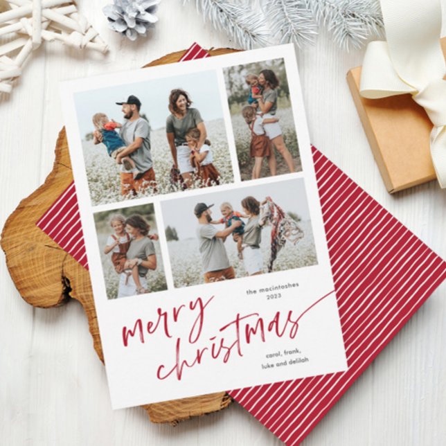 Simple 4 Photo Collage Script Merry Christmas Holiday Card (Modern script merry christmas 4 photo collage minimal red and white Christmas holiday card.)