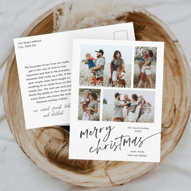 Simple 4 Photo Collage Script Merry Christmas Holiday Postcard (Modern script black and white merry christmas 4 photo collage holiday postcard.)