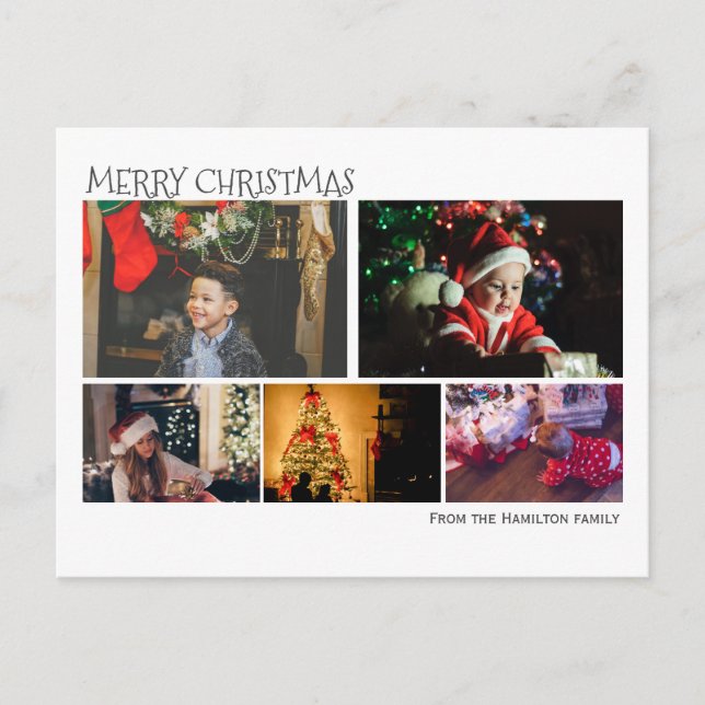 Simple 5 Photo Collage Christmas Personalised Postcard (Front)