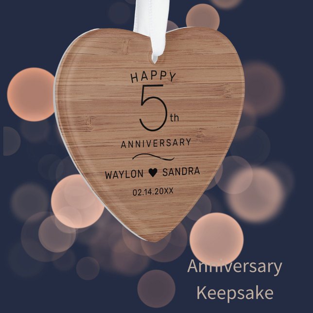 Simple 5th Wood Gift Wedding Anniversary Ornament (Bamboo wood look for 5th wedding anniversary milestone keepsake.)
