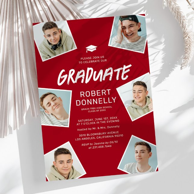 Simple 6 Photo Red Graduation Party Invitations (Creator Uploaded)