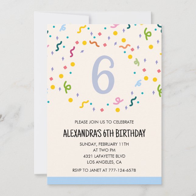 Simple 6th birthday invitations Confetti Modern (Front)