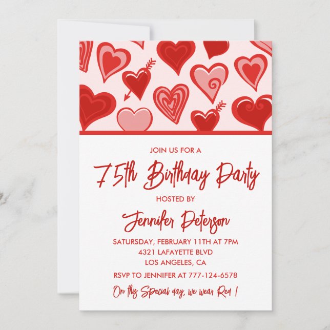 Simple 75th birthday invitations for her Hearts (Front)
