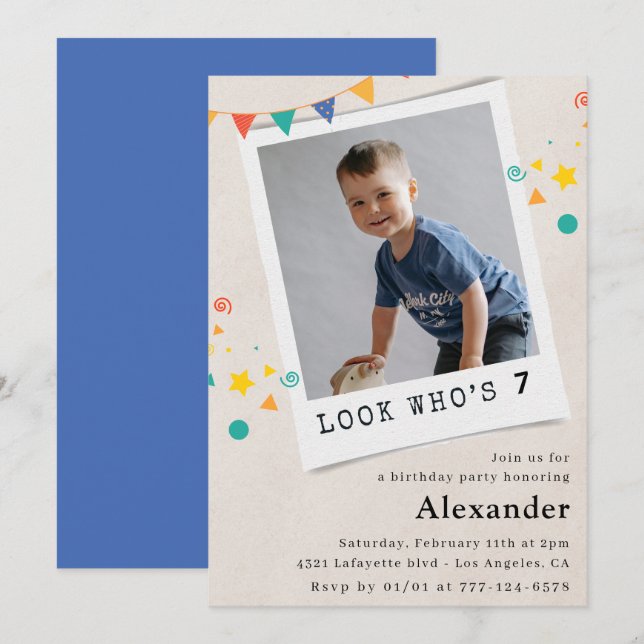 Simple 7th birthday invitations Blue Photo (Front/Back)