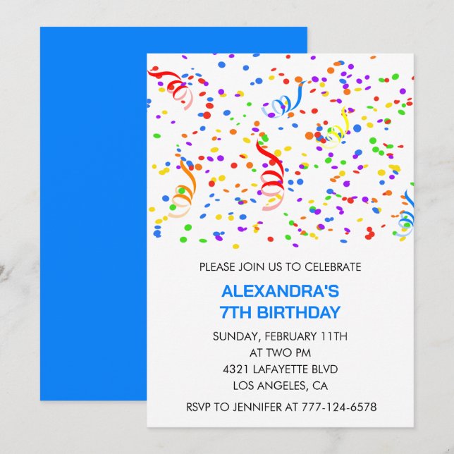 Simple 7th birthday invitations Confetti Rainbow (Front/Back)