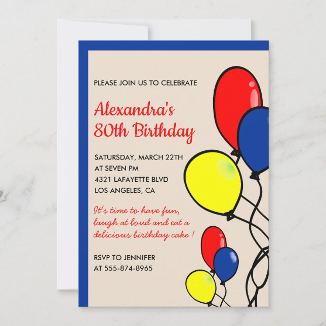 Simple 80th birthday invitations Balloons (Front)