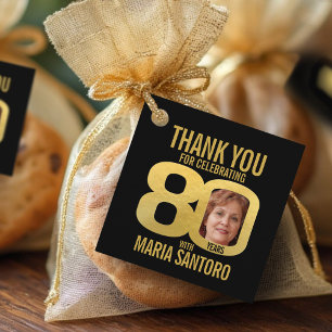 Simple 80th birthday photo black and gold favour tags