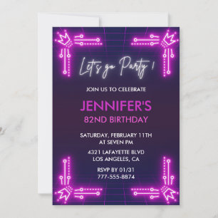 Simple 82nd birthday invitations Girl Pink Neon 