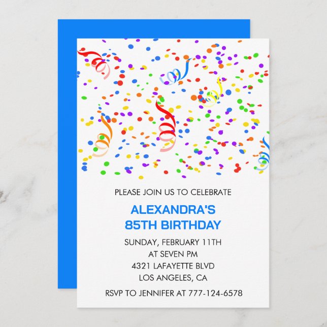 Simple 85th birthday invitations Confetti Rainbow (Front/Back)