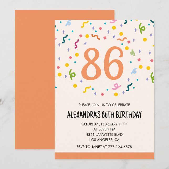 Simple 86th birthday invitations Confetti Modern (Front/Back)
