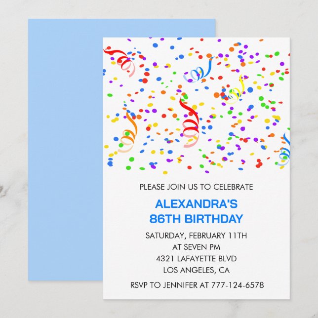 Simple 86th birthday invitations Confetti Rainbow (Front/Back)