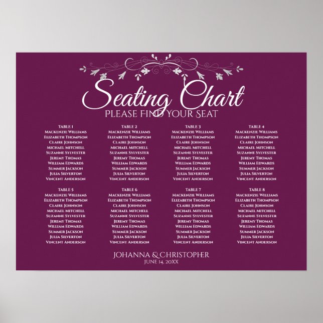 Simple 8 Table Cassis Purple Wedding Seating Chart (Front)