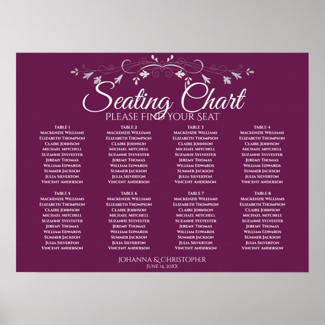 Simple 8 Table Cassis Purple Wedding Seating Chart (Front)