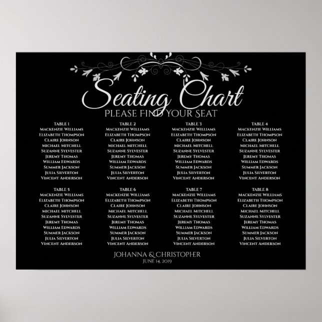 Simple 8 Table Gray on Black Wedding Seating Chart (Front)
