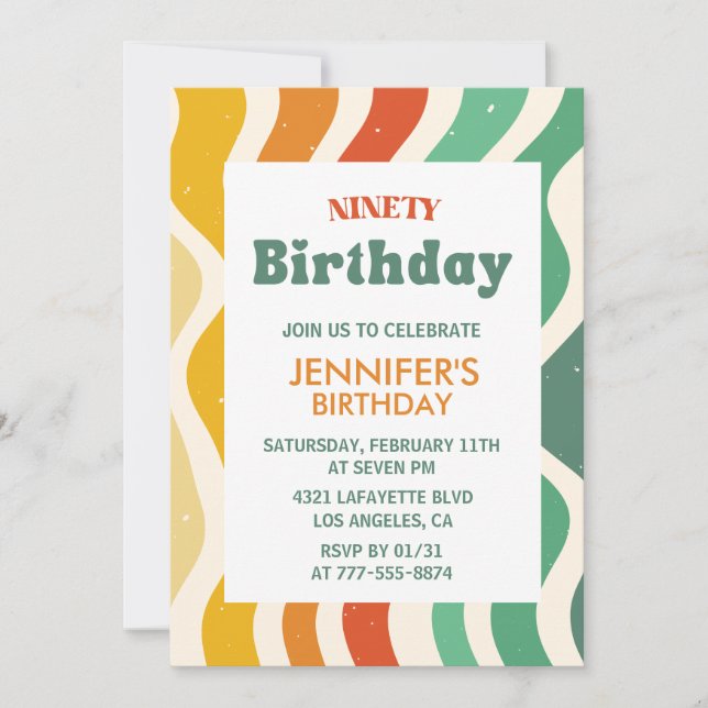 Simple 90th birthday invitations Retro Wavy (Front)