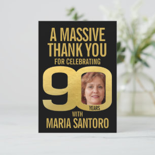 Simple 90th birthday photo black and gold thank you card