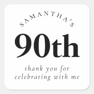 Simple 90th Party Black and White Thank You Square Sticker